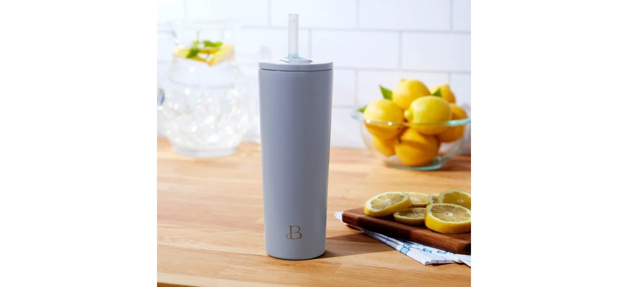 Beautiful 24oz No Drippy Sippy Stainless Steel Tumbler With Straw, Cornflower on countertop