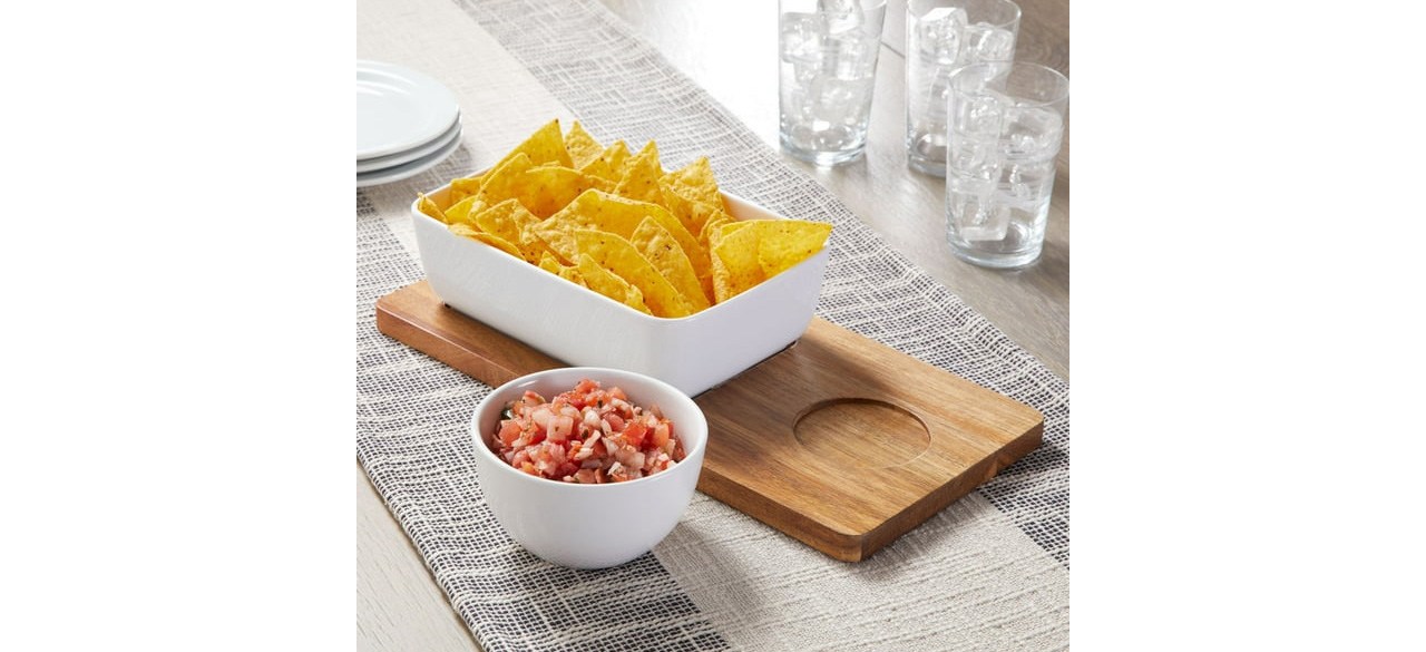Better Homes & Gardens Ceramic Chip Dip Bowl with Acacia Tray