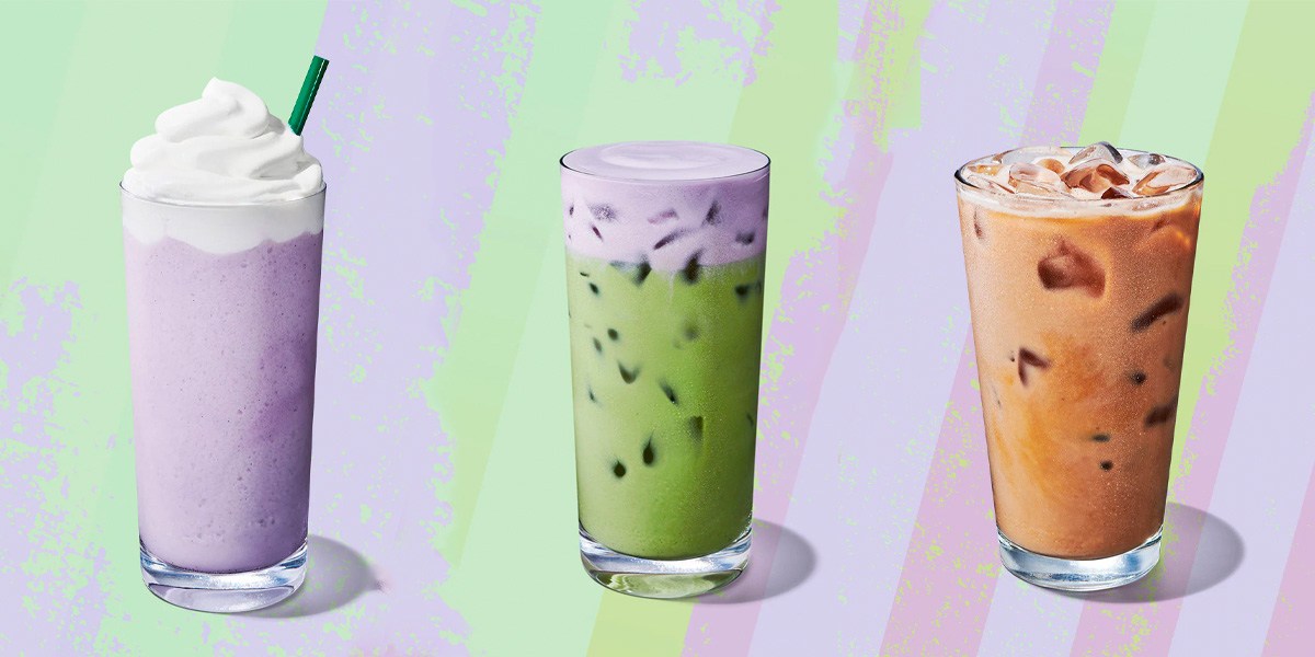 Three Starbucks drinks on a green and purple background