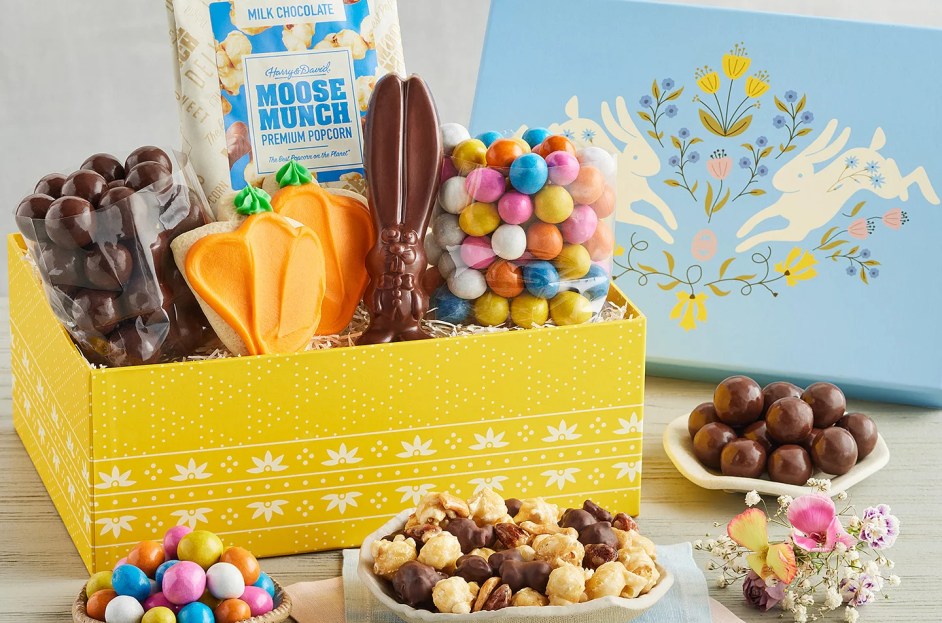 chocolate and bunny-shaped candy in easter basket