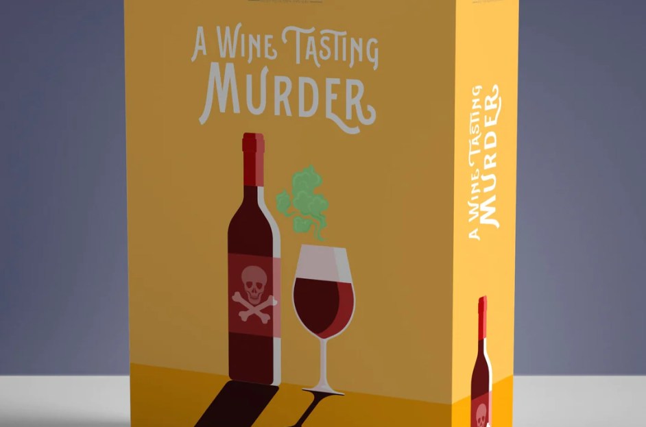 yellow product box with photo of wine glass next to poison bottle board game for adults
