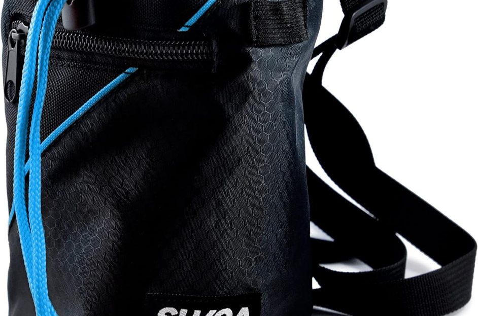 black chalk bag with blue closure