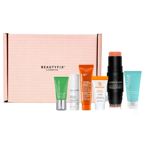 pink box with skincare bottles