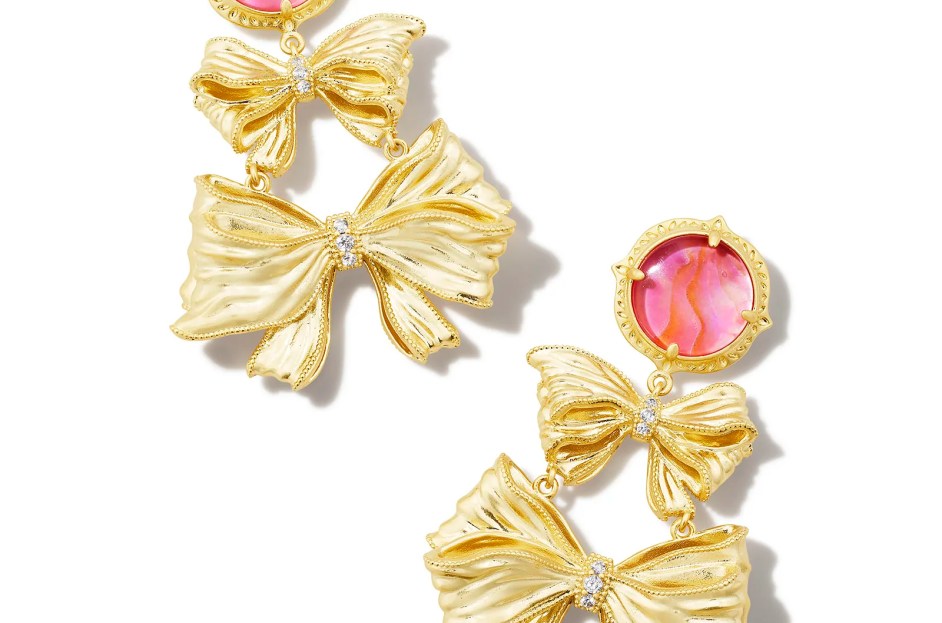 gold bow earrings with pink jewel