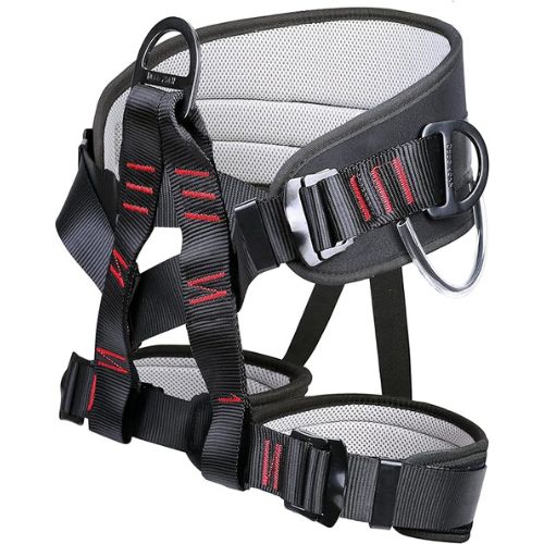 black and gray climbing harness