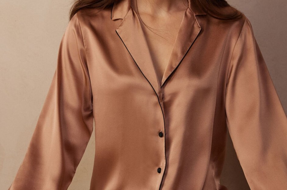 model wearing brown silky pajama top