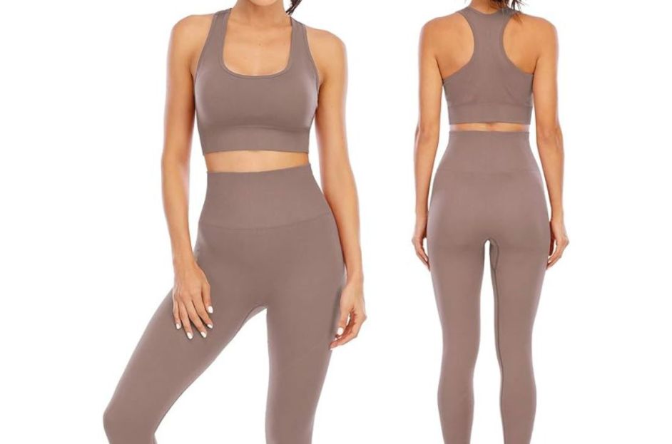 model wearing brown legging set