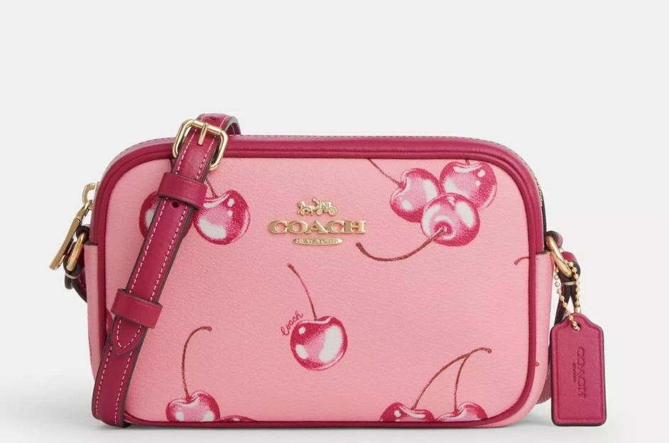 pink and hot pink cherry patterned coach camera bag