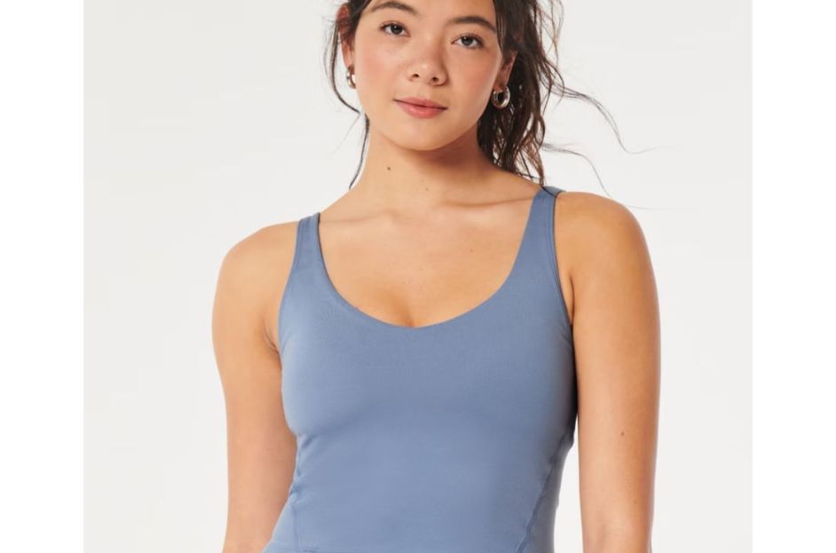 model wearing light blue athletic top
