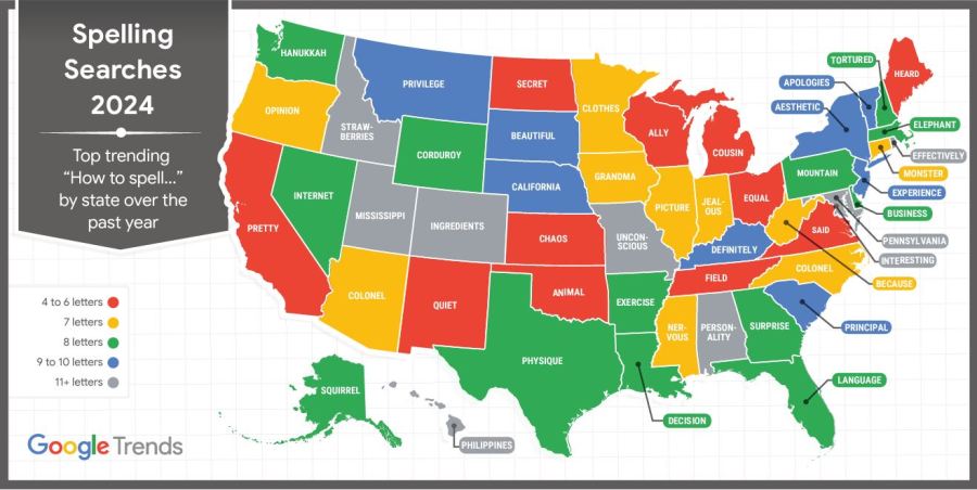 The top spelling searches for each state in 2024.