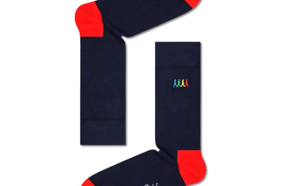 navy and red beatles socks