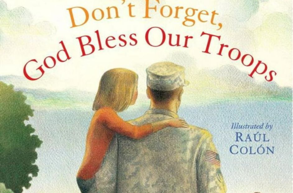 illustrated book cover of troop holding child