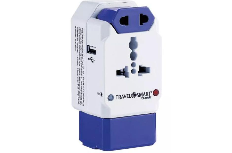 white and blue universal adapter