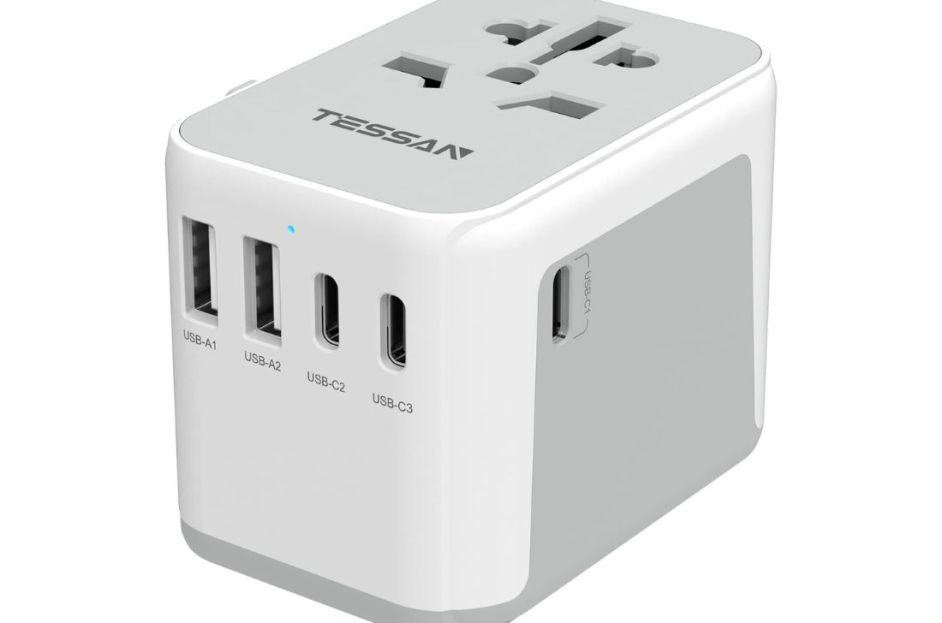 white universal travel adapter