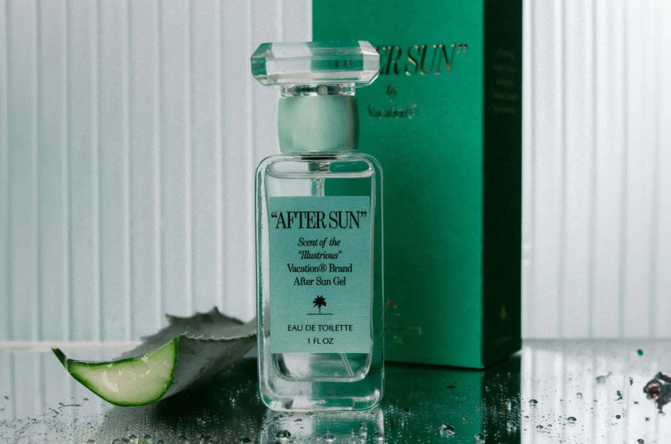 green and clear bottle of after sun vacation perfume