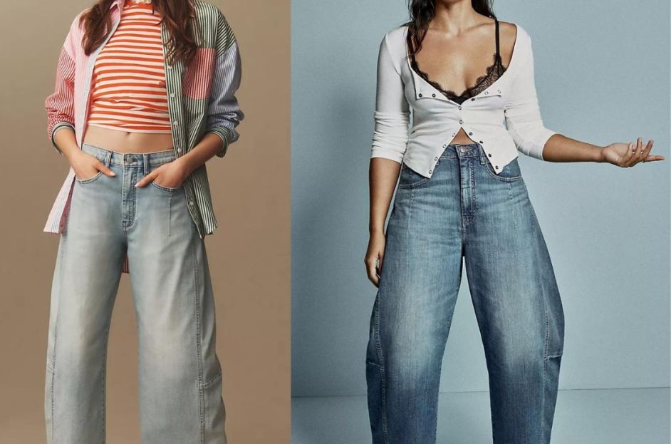 models wearing light and dark wash anthropologie barrel jeans
