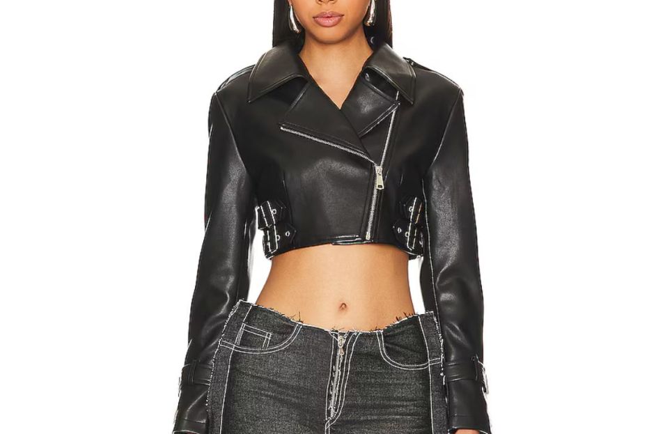 model wearing cropped leather jacket