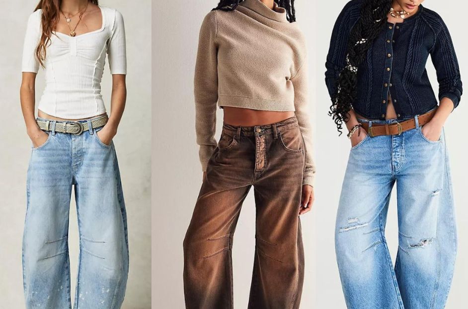 models wearing denim free people barrel jeans