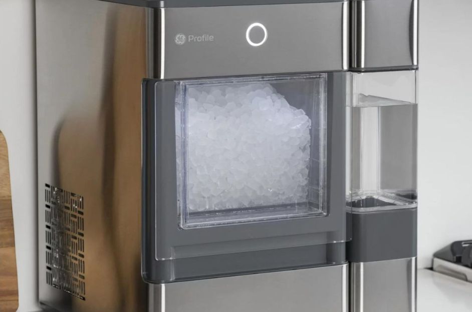 stainless steel ge opal nugget ice maker on top of counter