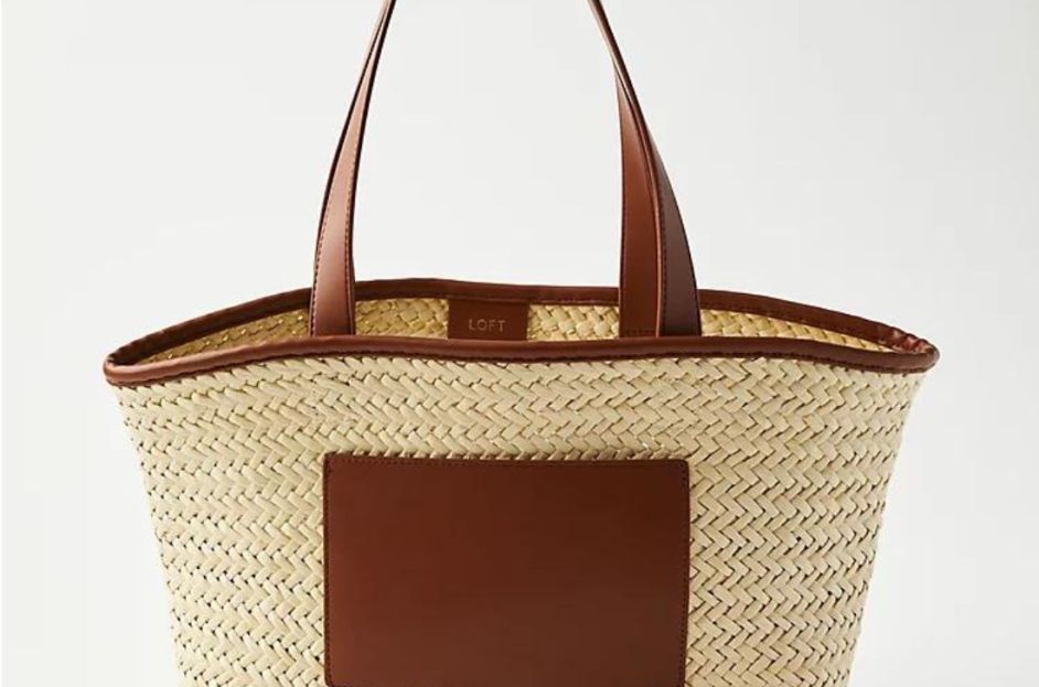 brown leather and straw loft bag