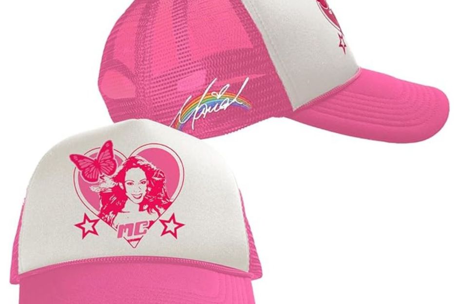 pink and white rainbow mariah carey trucker hat