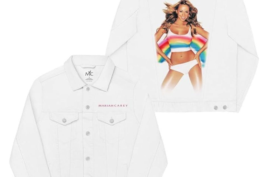 bedazzled rainbow mariah carey white denim jacket