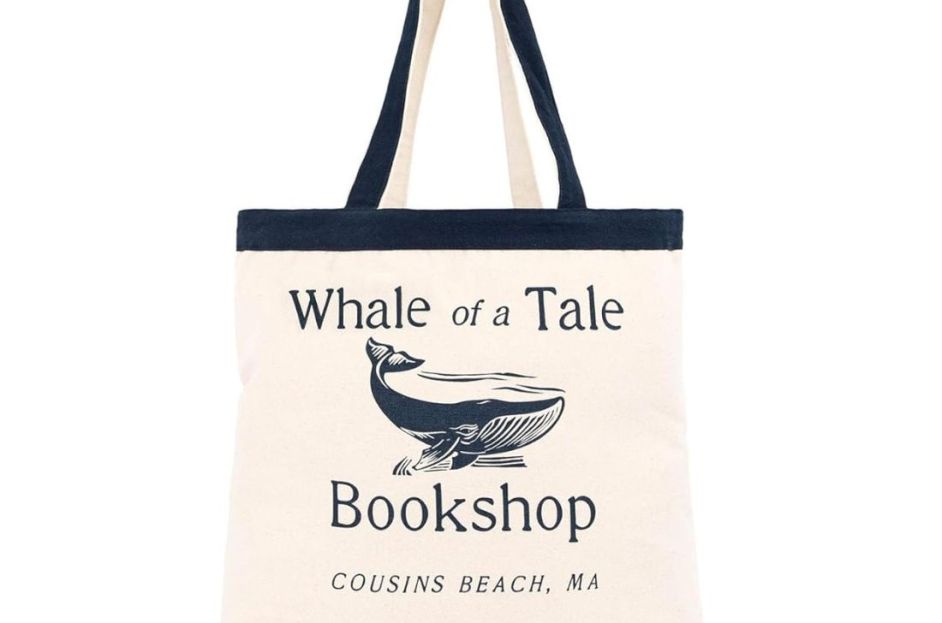 navy blue and cream whale of a tale tote bag