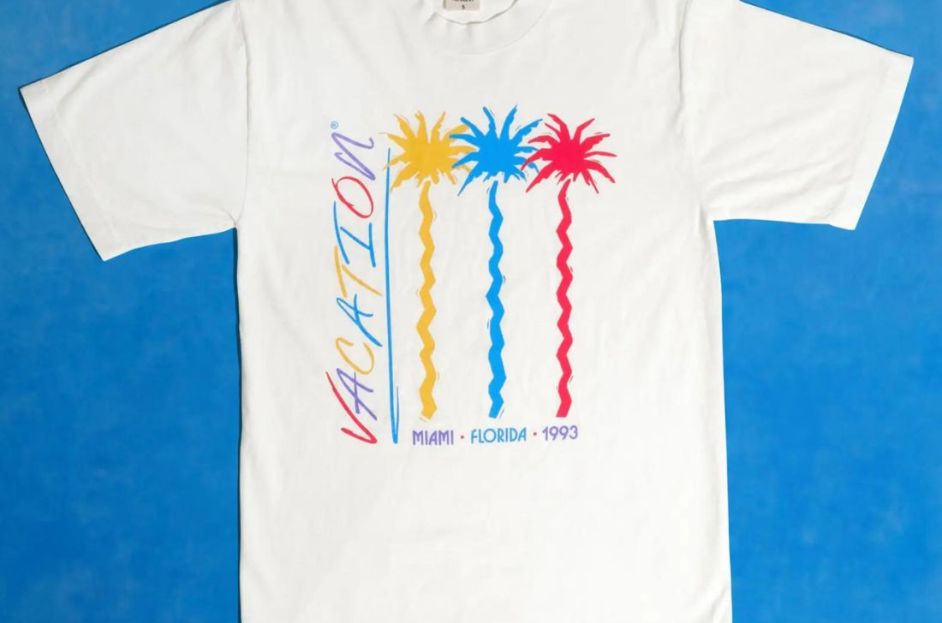 white graphic t-shirt with palm trees