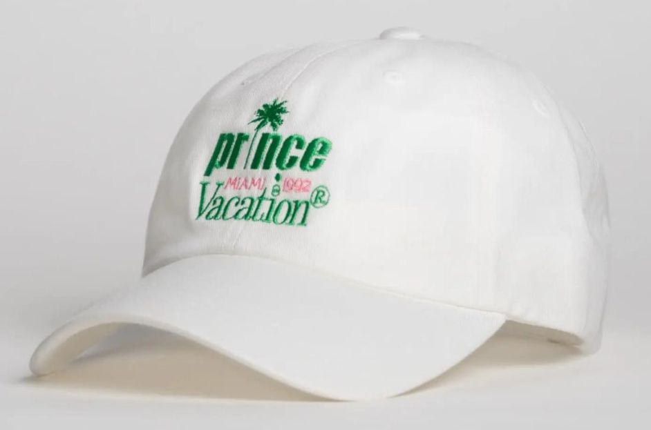 white baseball cap with prince x vacation logo