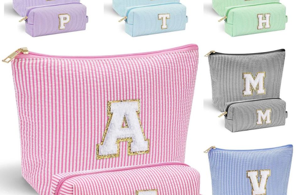 amazon pink and white striped makeup bags with purple, blue, green and black versions