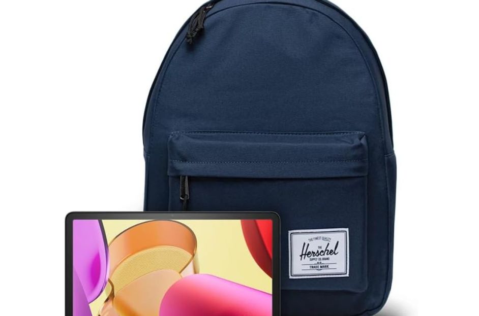 navy blue herschel backpack, amazon tablet, echo buds