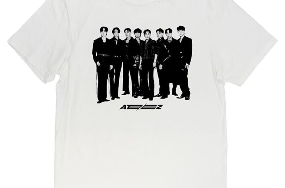 white t-shirt with ateez group graphic