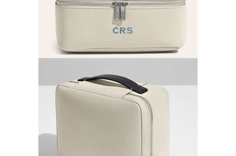 cream cosmetics bag with initials embroidered