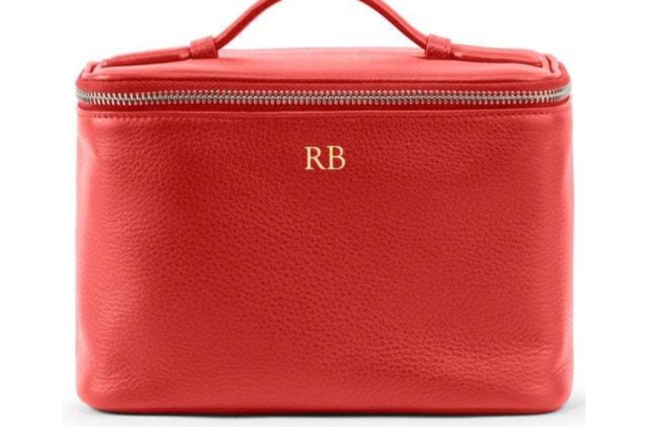 red leatherology makeup bag with initials