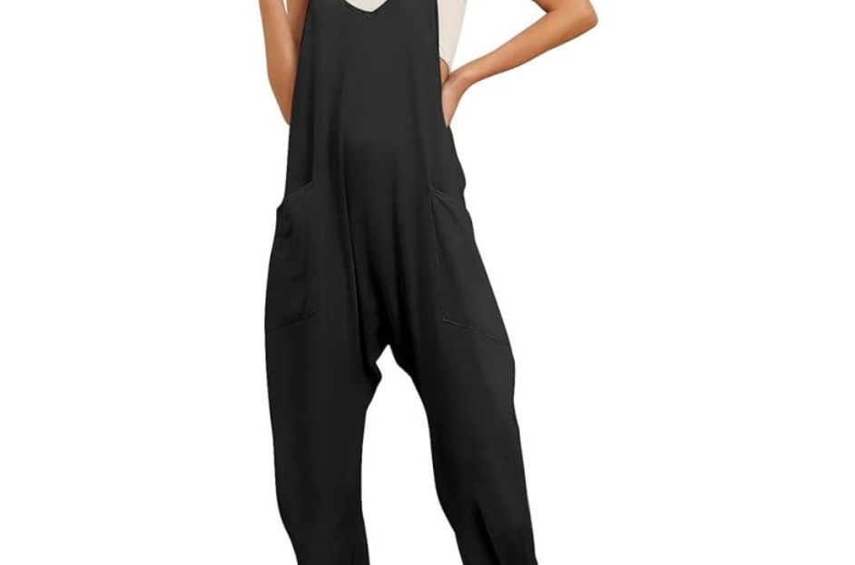 model wearing black amazon jumpsuit