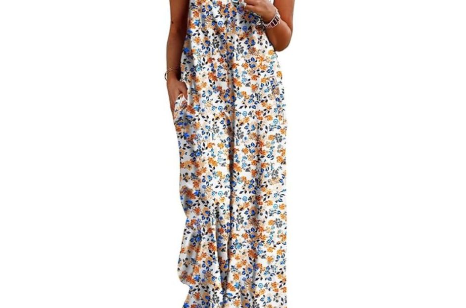 model wearing floral jumpsuit with white sneakers