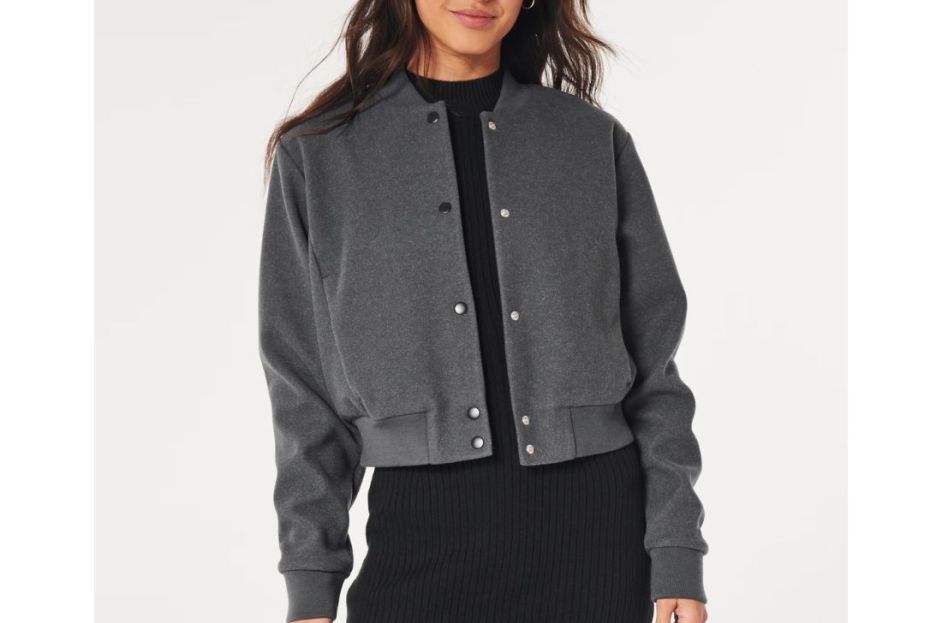 model wearing gray hollister bomber jacket