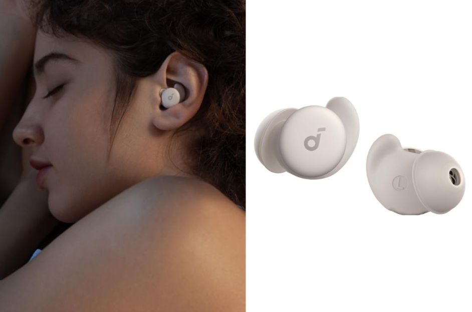 model wearing soundcore earbuds, soundcore earbuds in beige