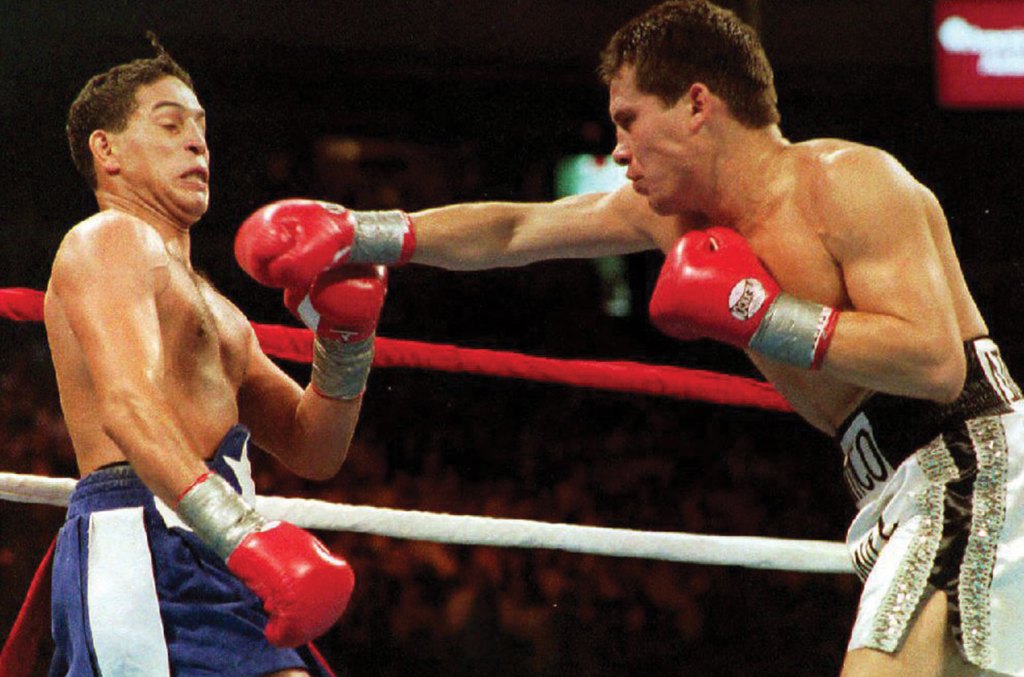 WBC Super Lightweight Champion Julio Cesar Chavez (R) lands a right on challenger Hector