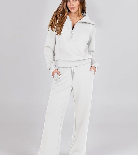 model wearing white matching sweatsuit