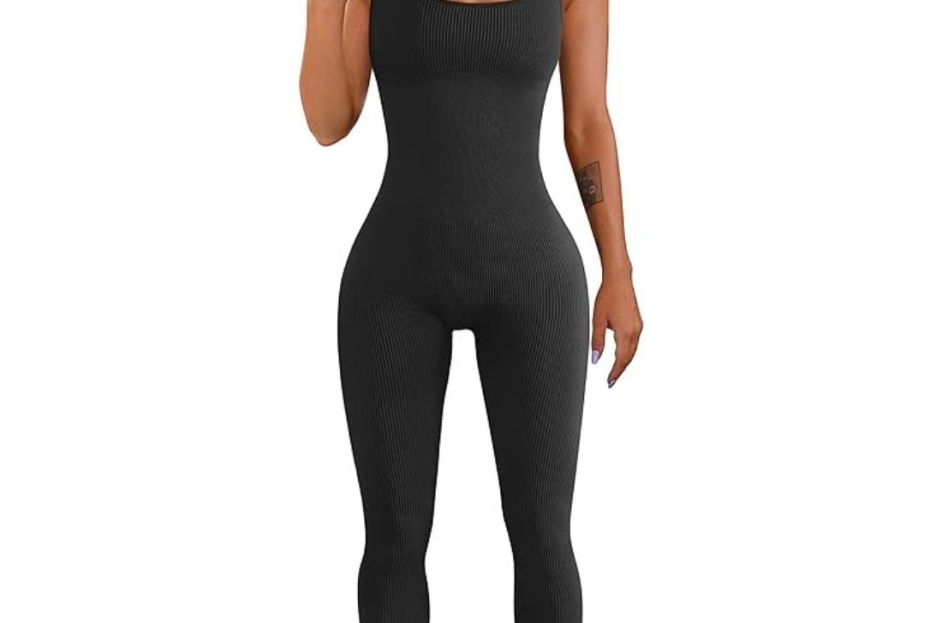 model wearing black tiktok viral ribbed jumpsuit