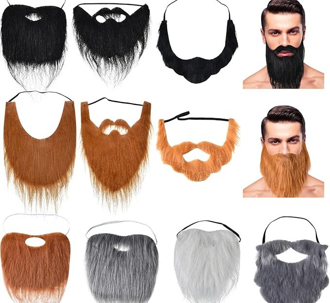 red, black and gray fake beards on models