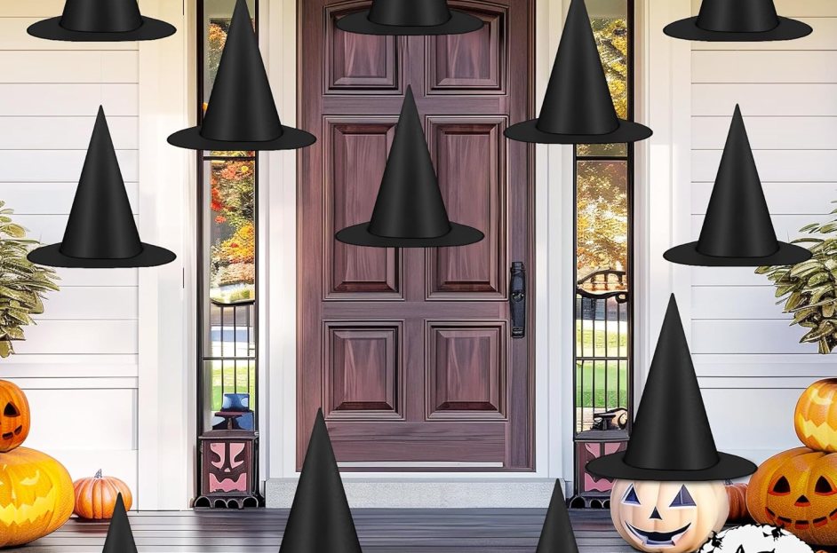 black floating witch hats on front porch