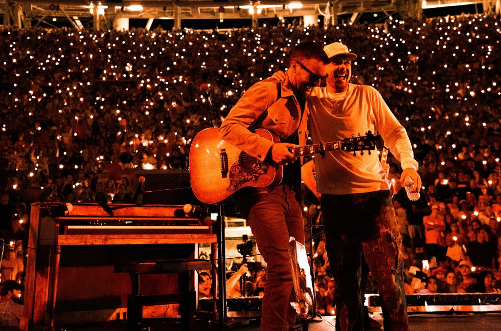 Eric Church and Morgan Wallen perform onstage for night two of Morgan Wallen's One Night At A Time tour at Neyland Stadium on Sept. 22, 2024 in Knoxville, Tennessee.