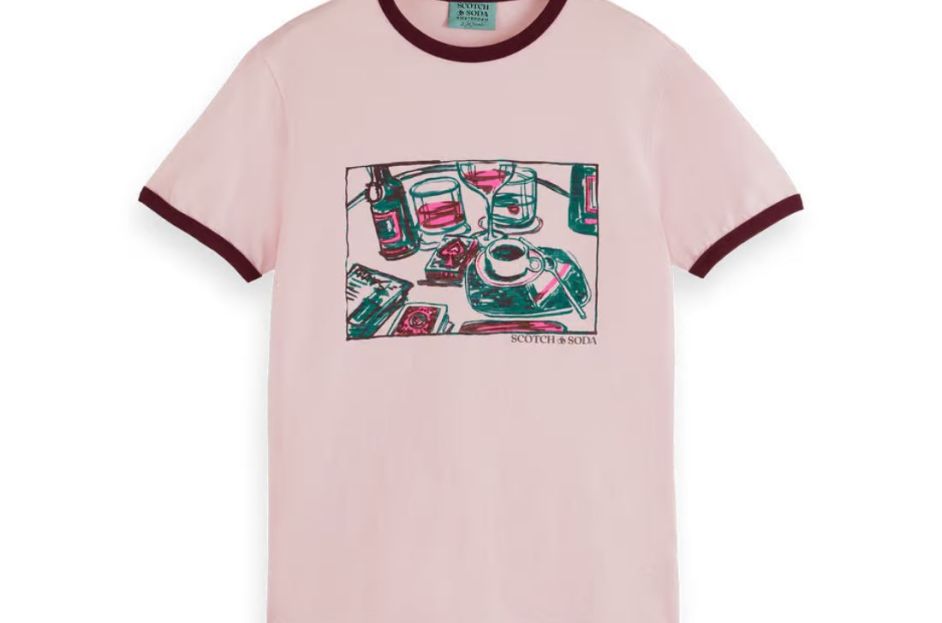 pink t-shirt with cups graphic