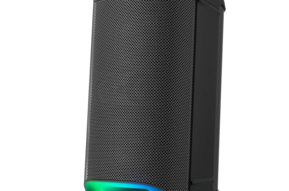 black karaoke speaker with green and blue lights