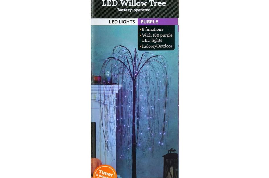 box with photo of black dead willow tree with purple lights