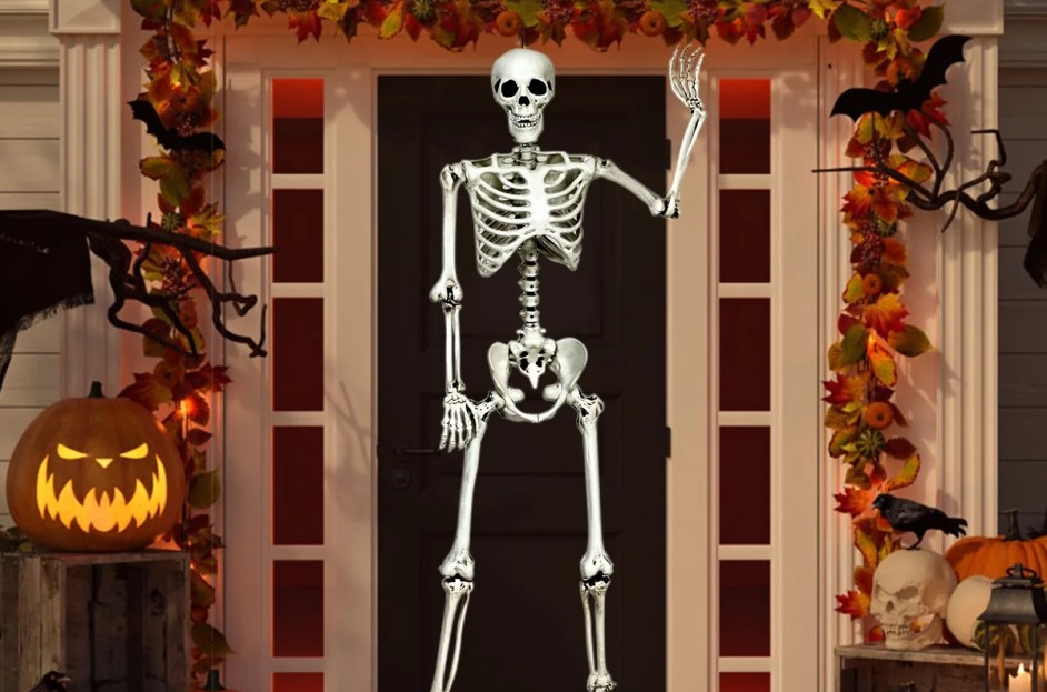 movable skeleton hanging above door