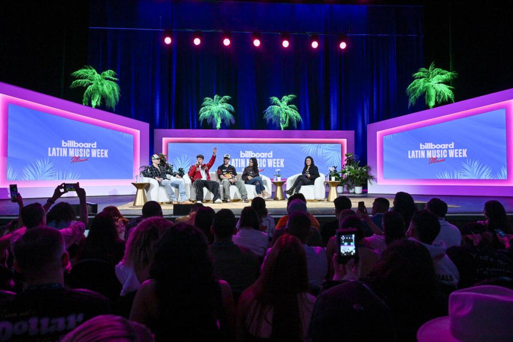 Omar Courtz, Saiko, Kiko Baez, Yudy Arias, Isabela Raygoza at Billboard Latin Music Week Panels on October 15, 2024 in Miami Beach, Florida.