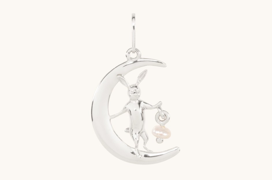 silver moon charm with bunny and pearl